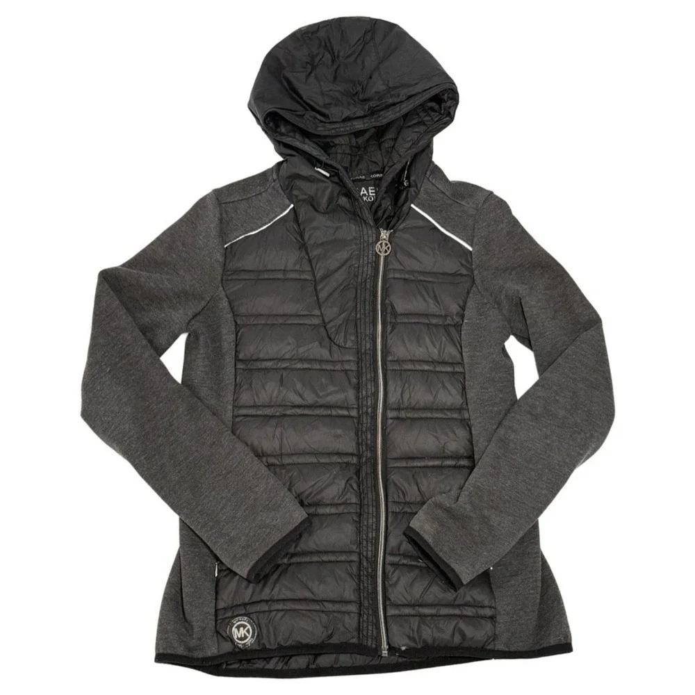 Michael Kors Black Knit-Sleeve Puffer Coat Hooded Zip Up‎ Women's Size Small